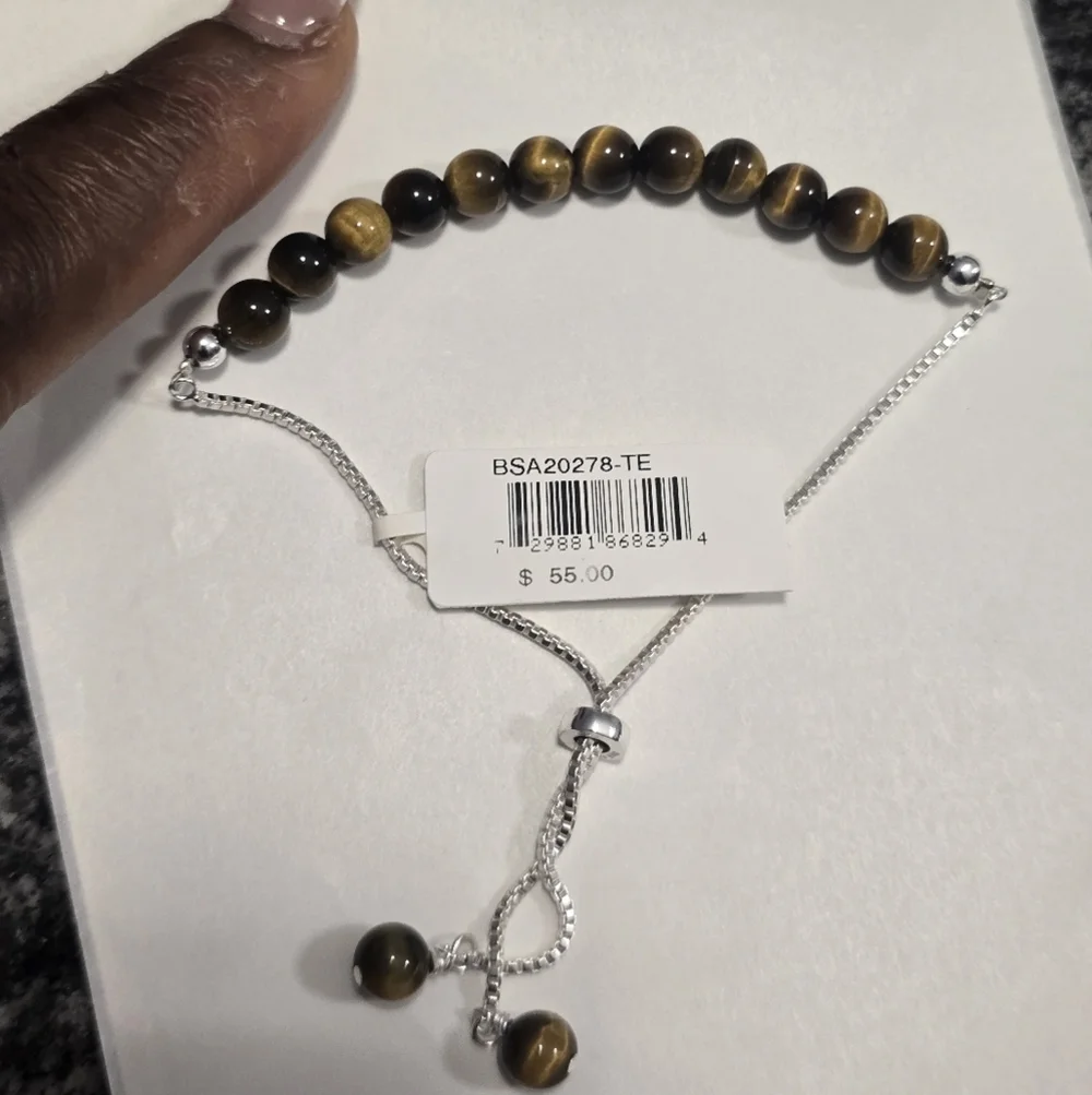 Macy's Genuine Stone Bead Adjustable Bracelet Silver Plate New Women